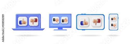 Like and dislike hand icon on various screens. Social media interaction buttons on laptop, monitor, tablet, and smartphone for approval or disapproval.