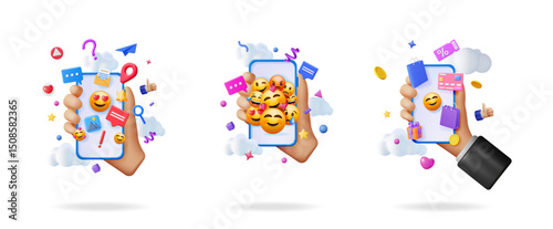 Hands holding phone with social media icons, emojis and shopping symbols. Digital communication, online community, and mobile commerce concept artwork.