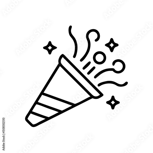 Party popper icon in black and white, festive celebration and confetti explosion