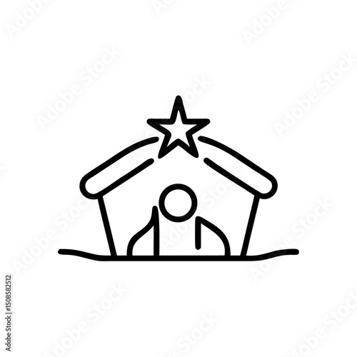 Nativity scene icon in black and white line art, Christmas religious tradition symbol