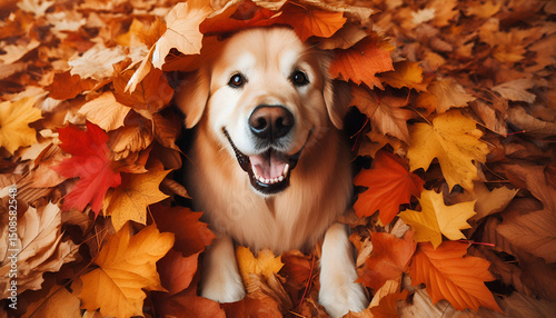 Golden Retriever Dog Playing with Autumn leaves