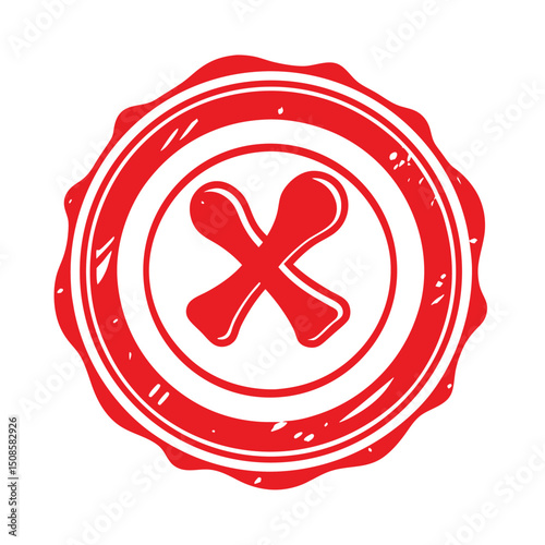 Red grunge wax seal with x mark isolated on white background
