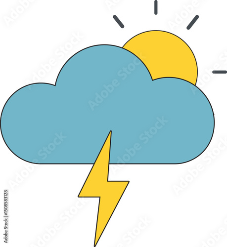 Flat weather icon showing cloud, sun, and lightning bolt. Perfect for forecast apps, climate infographics, or storm alert visuals. Simple and colorful vector design