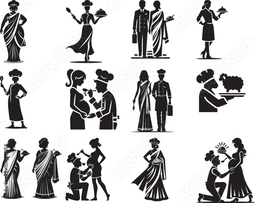 A collection of silhouette illustrations depicting chefs, pregnant women, and people in saris