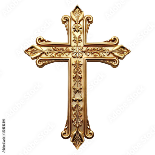 Ornate golden cross with intricate floral patterns on a transparent background for religious decoration