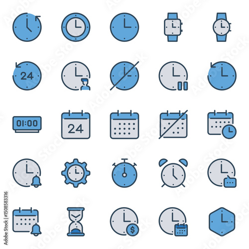 Filled blue outline icons set for Time clock