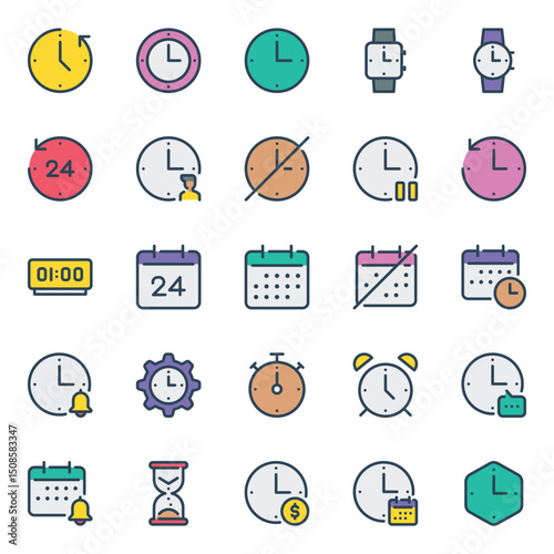 Filled outline icons set for Time clock