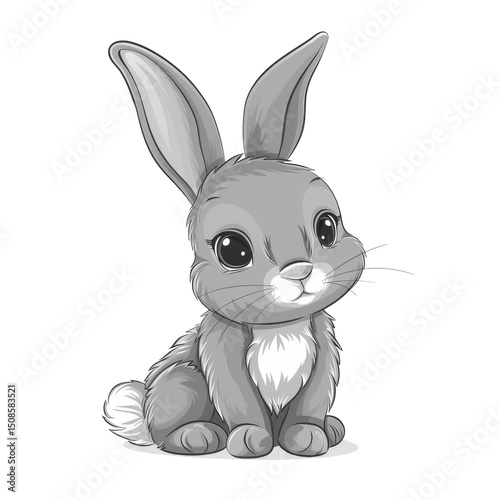 Cute gray bunny sitting calmly with oversized ears and big eyes on a transparent background