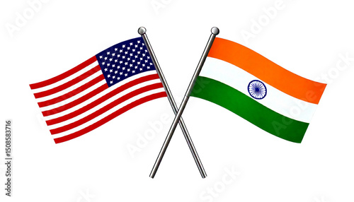 national flags of Republic of India and  Usa crossed on the sticks in the original colours png