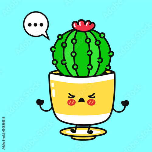 Irritated cartoon Cactus with speech bubble, displaying prickly attitude in ceramic pot