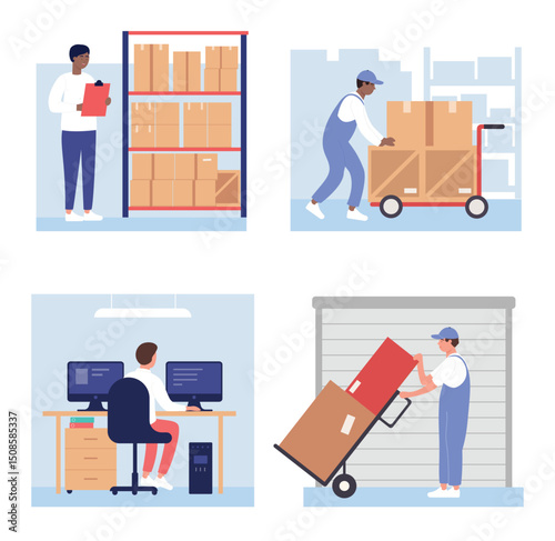 Warehouse loading boxes vector illustration set. Cartoon flat worker staff people work, load packages and containers, storage operator character controls loading warehousing process isolated on white