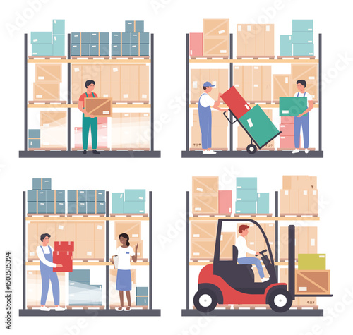 Warehouse logistics vector illustration set. Cartoon flat worker people work in wholesale stockroom of storehouse, carry boxes, transport and load packages with stock forklift loader isolated on white