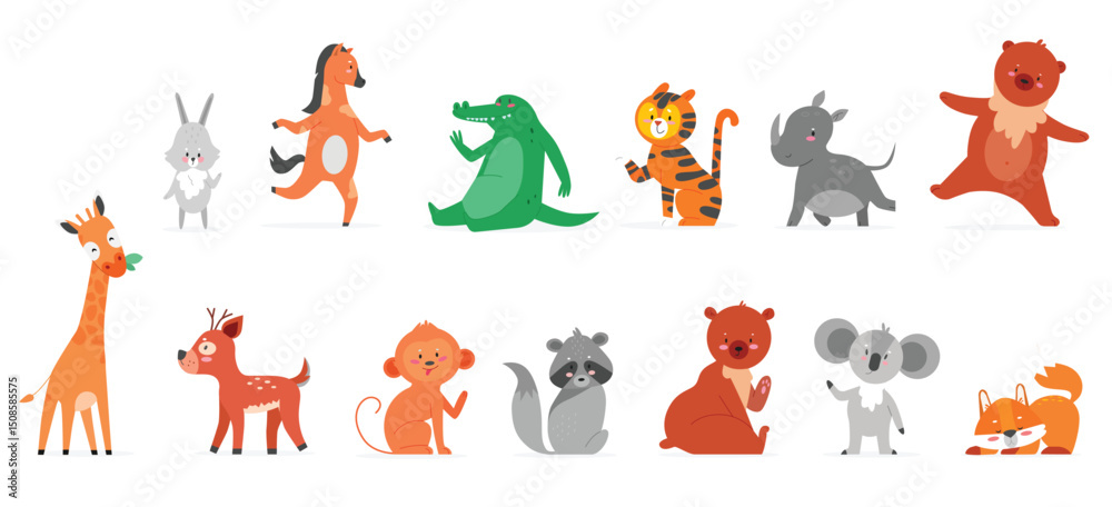 Fototapeta premium Cartoon animals flat vector illustrations. Funny wild zoo animal characters smiling and waving, cute wildlife collection with hare rhino teddy bear giraffe deer monkey raccoon fox isolated on white