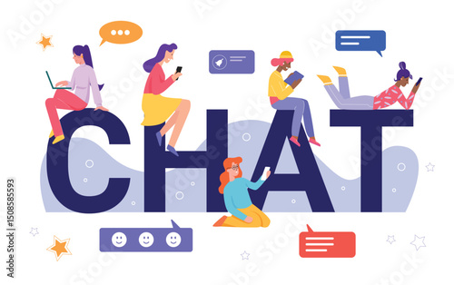 Online chat concept vector illustration. Cartoon flat tiny young woman characters chatting, happy virtual girl friends reading, writing messages, social media friendship at distance isolated on white