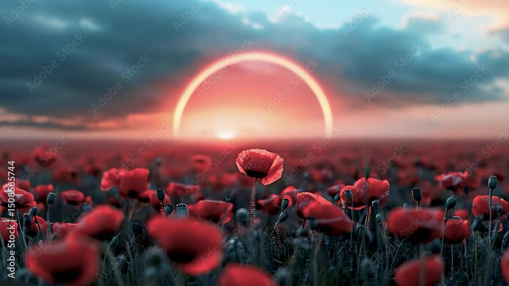 A field of red flowers with a large red sun in the background. The sun is setting and the flowers are in full bloom. The scene is peaceful and serene, with the sun