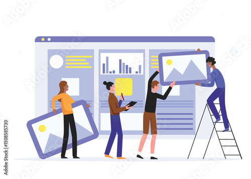 Teamwork develop social media content vector illustration. Cartoon flat tiny developer designer people team working on creative webpage, news portal or information website. Web development background