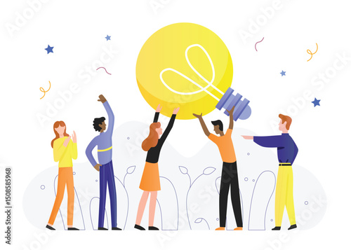 Lightbulb idea concept vector illustration. Cartoon flat tiny man woman characters hold lamp light bulb, create of innovative ideas, creative brainstorm, creativity and imagination isolated on white