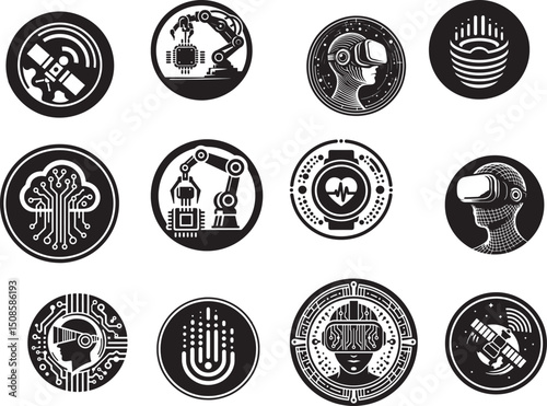 Collection of twelve black and white technology themed circular vector illustrations icons set up neatly