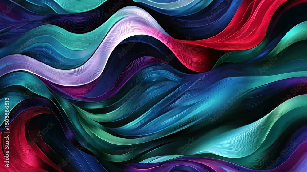 Abstract flowing ribbons in vibrant colors create a mesmerizing, rhythmic composition of teal, red, blue and purple hues