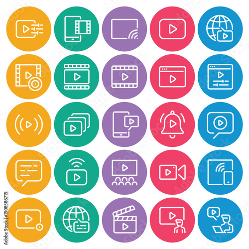 Circle color outline icons set for Video play