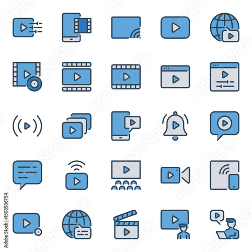 Filled blue outline icons set for Video play