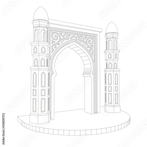 3d illustration stand booth gate entrance ramadan islam decoration with ornament and minaret for photobooth spot event. Vector editable sketch outline drawing coloring isolated.