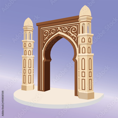 3d illustration stand booth gate entrance ramadan islam decoration with ornament and minaret for photobooth spot event. Vector editable sketch outline drawing coloring isolated.