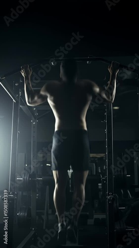 Man performing pull ups in dark gym silhouette of strong athletic body
