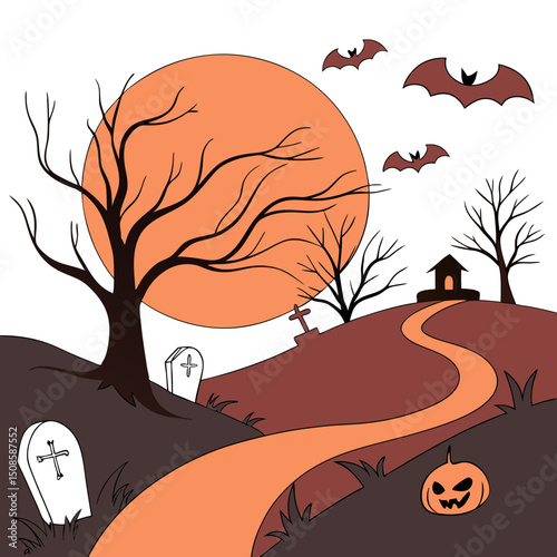 vector Halloween landscape with silhouettes 
