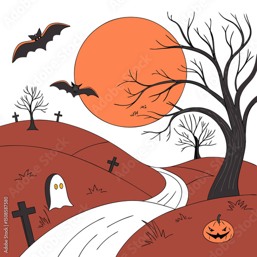 vector Halloween landscape with silhouettes 