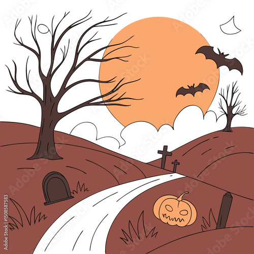 vector Halloween landscape with silhouettes 