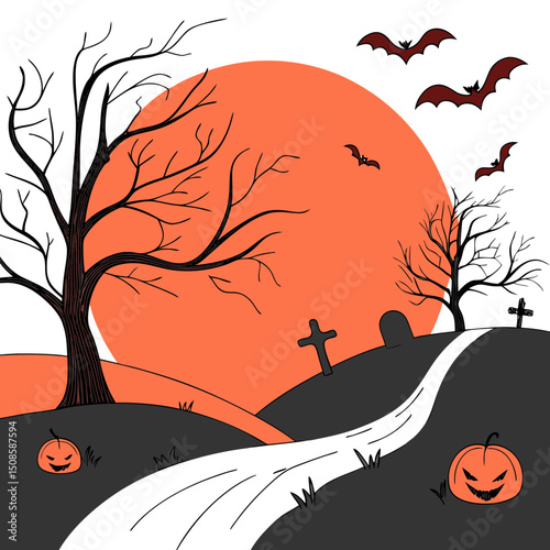 vector Halloween landscape with silhouettes 