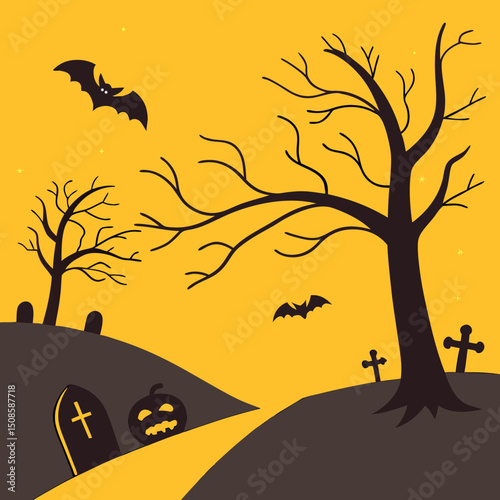 vector Halloween landscape with silhouettes 