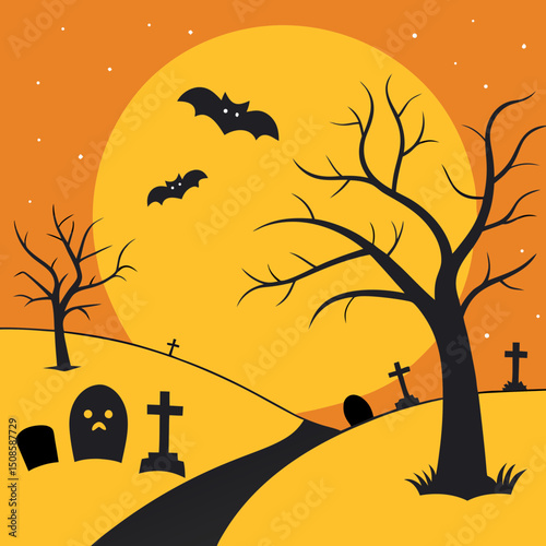 vector Halloween landscape with silhouettes 