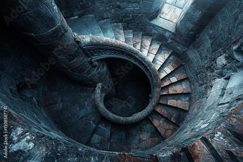 Gothic spiral staircase in eerie castle void