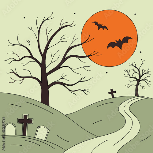 vector Halloween landscape with silhouettes 