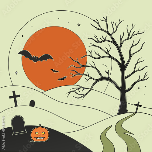 vector Halloween landscape with silhouettes 