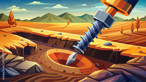 Closeup of a rusty auger drill bit digging into rocky soil outdoors Concept of geotechnical investigation, construction, and environmental engineering