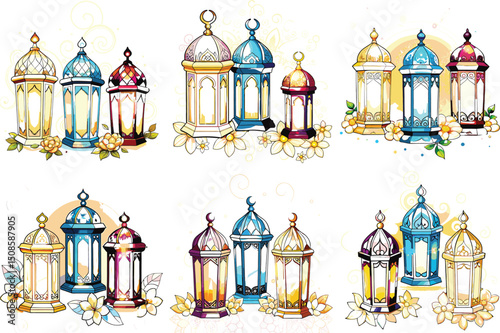Colorful Islamic lanterns with floral decorations.