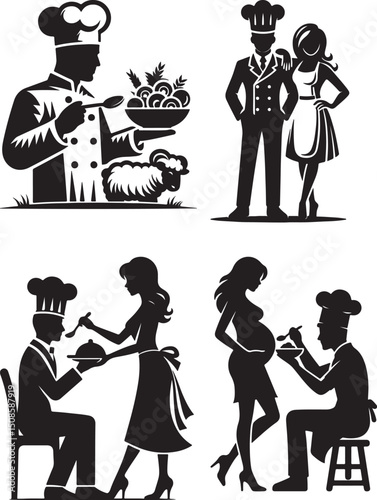A collection of black and white vector illustrations featuring chefs and family scenes in silhouette style
