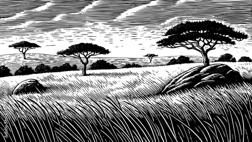 Serengeti National Park savanna forest with trees black and white isolated hand drawn sketch vector