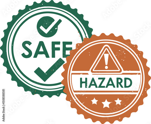 Safe and Hazard Rubber Stamp Icons with Warning Symbols