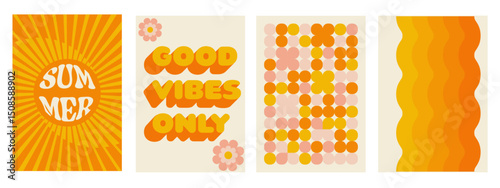 Summer backgrounds set. Groovy hippie 70s posters. Good vibes only. Funny flower, daisy, star. Vector cards in trendy retro psychedelic minimalist style for corporate identity, social media, graphic 