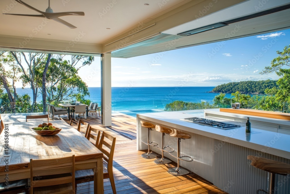 Fototapeta premium Coastal interior kitchen furniture outdoors light.