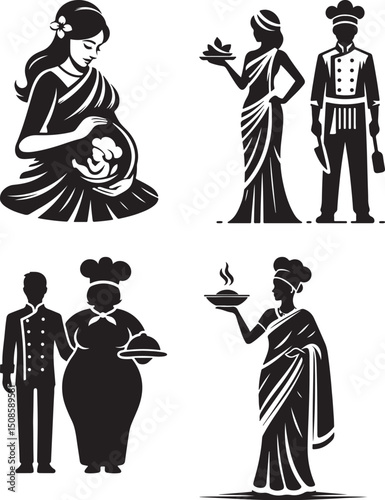 A set of vector illustrations featuring pregnant women and chefs in different poses and outfits