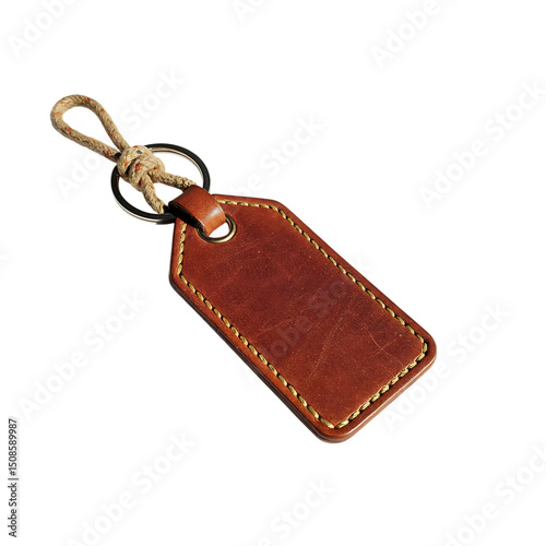 Brown leather keychain tag isolated on transparent background