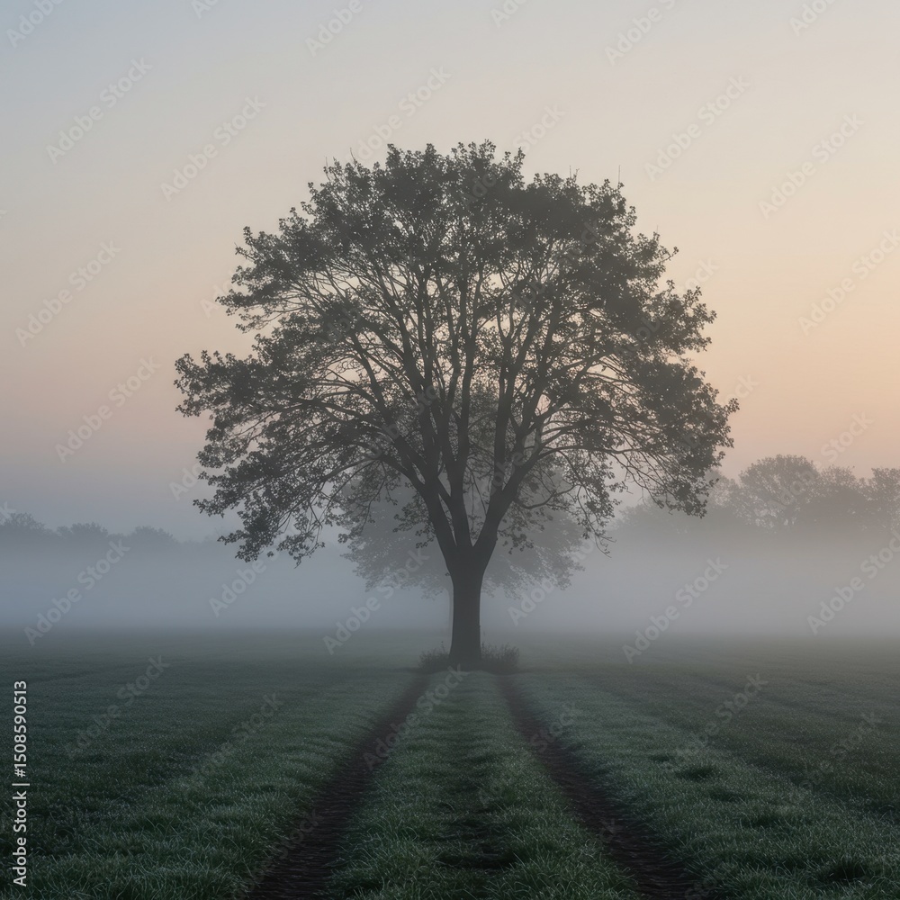 Solitary Tree in Misty Dawn: A Serene Rural Landscape Solitary Tree in Misty Dawn: A Serene Rural Landscape