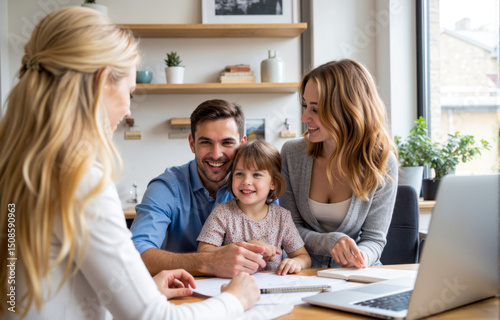parents and child discussing agreement signing papers with consultant smiling family financial support life planning mortgage contract advice education trust indoors