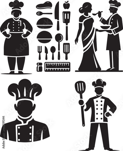 Black and white illustration of chefs cooking with kitchen utensils and a woman in a sari dress