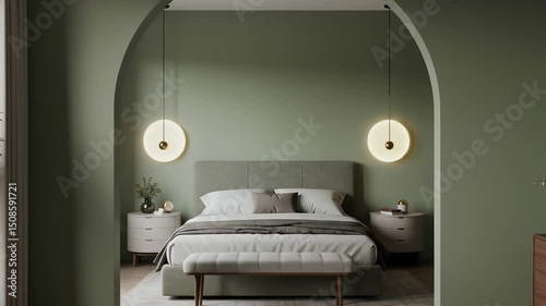 Modern contemporary bedroom interior design with sage green walls and round pendant lights